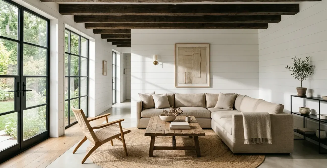 Modern farmhouse living room showcasing balance between rustic wood beams and contemporary clean lines