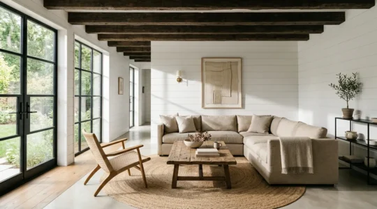Modern farmhouse living room showcasing balance between rustic wood beams and contemporary clean lines