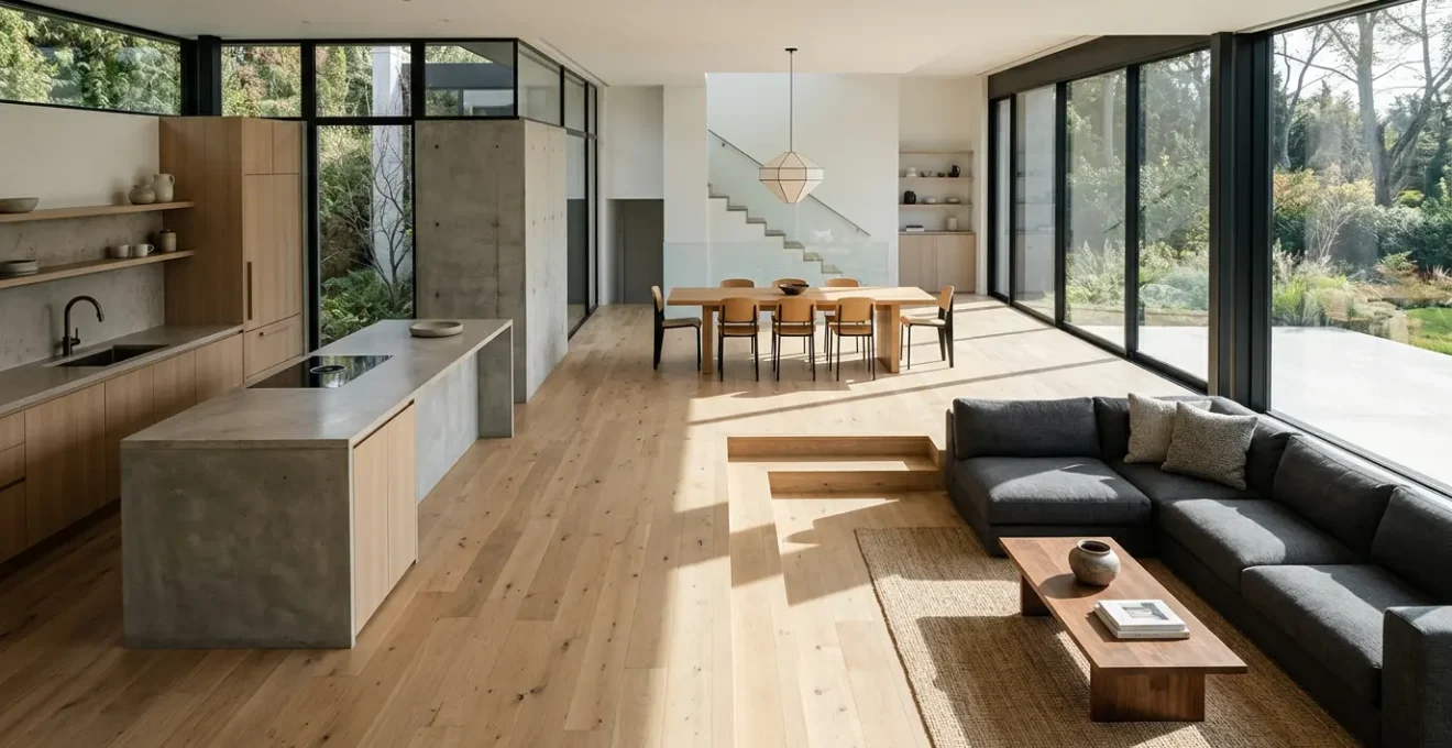 Architectural view of a modern home interior showing functional floor plan with open and defined spaces