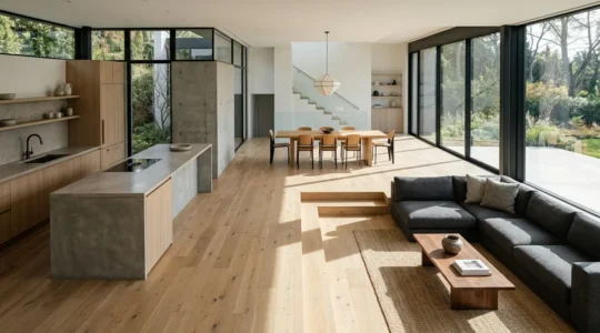 Architectural view of a modern home interior showing functional floor plan with open and defined spaces