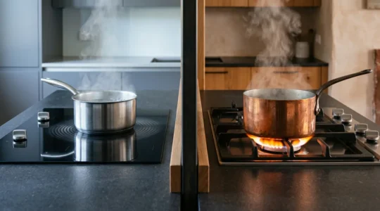 Split view of modern kitchen showing induction cooktop on left and gas cooktop on right