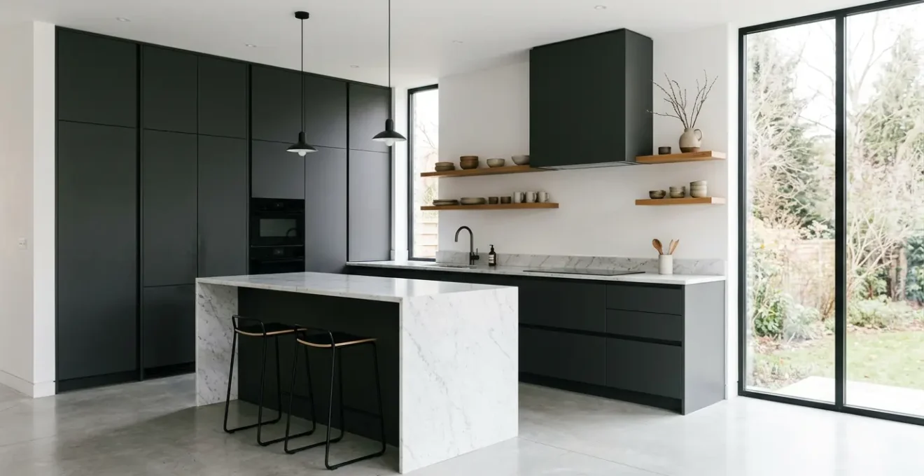 Modern kitchen showcasing sleek cabinetry with integrated appliances and a functional chef-oriented design