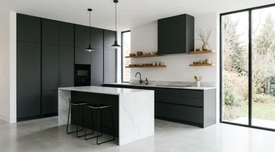 Modern kitchen showcasing sleek cabinetry with integrated appliances and a functional chef-oriented design