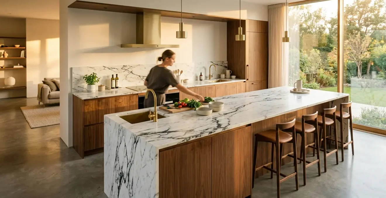 Modern open-plan kitchen showcasing zones layout with island hub and multiple cooking stations
