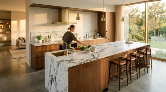 Modern open-plan kitchen showcasing zones layout with island hub and multiple cooking stations