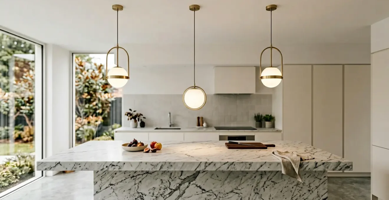 Three contemporary pendant lights illuminating a marble kitchen island with bar stools