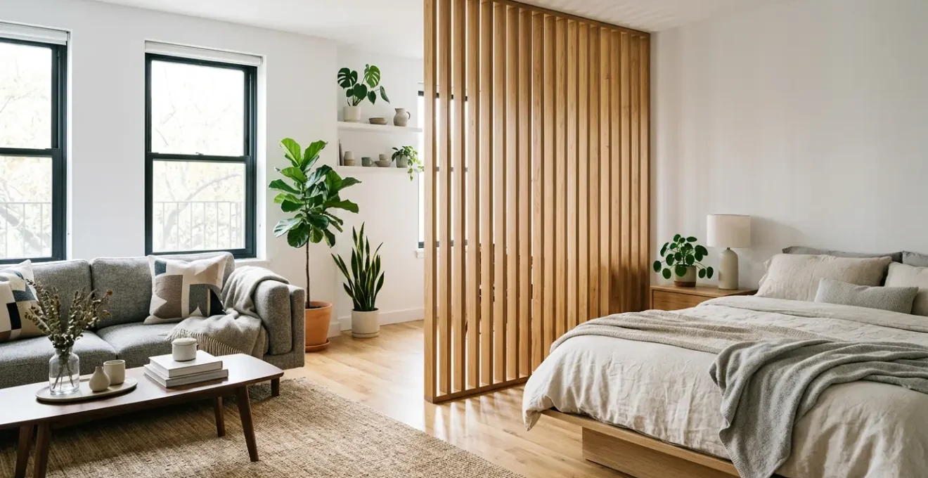 A modern studio apartment with a stylish wooden slat room divider creating separate living zones while maintaining openness and natural light flow