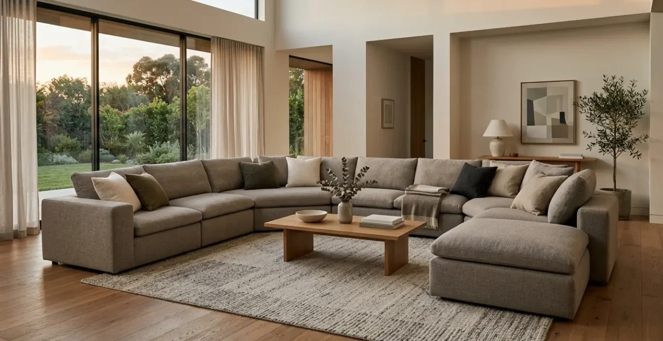 Modular sofa arranged in a U-shape configuration for movie night in a modern living room