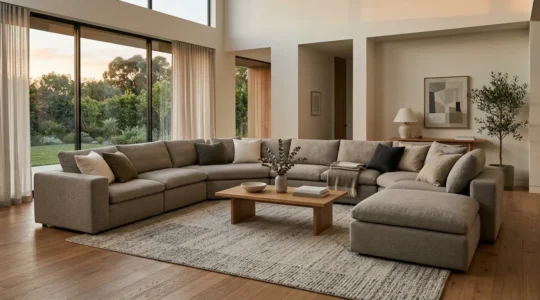 Modular sofa arranged in a U-shape configuration for movie night in a modern living room