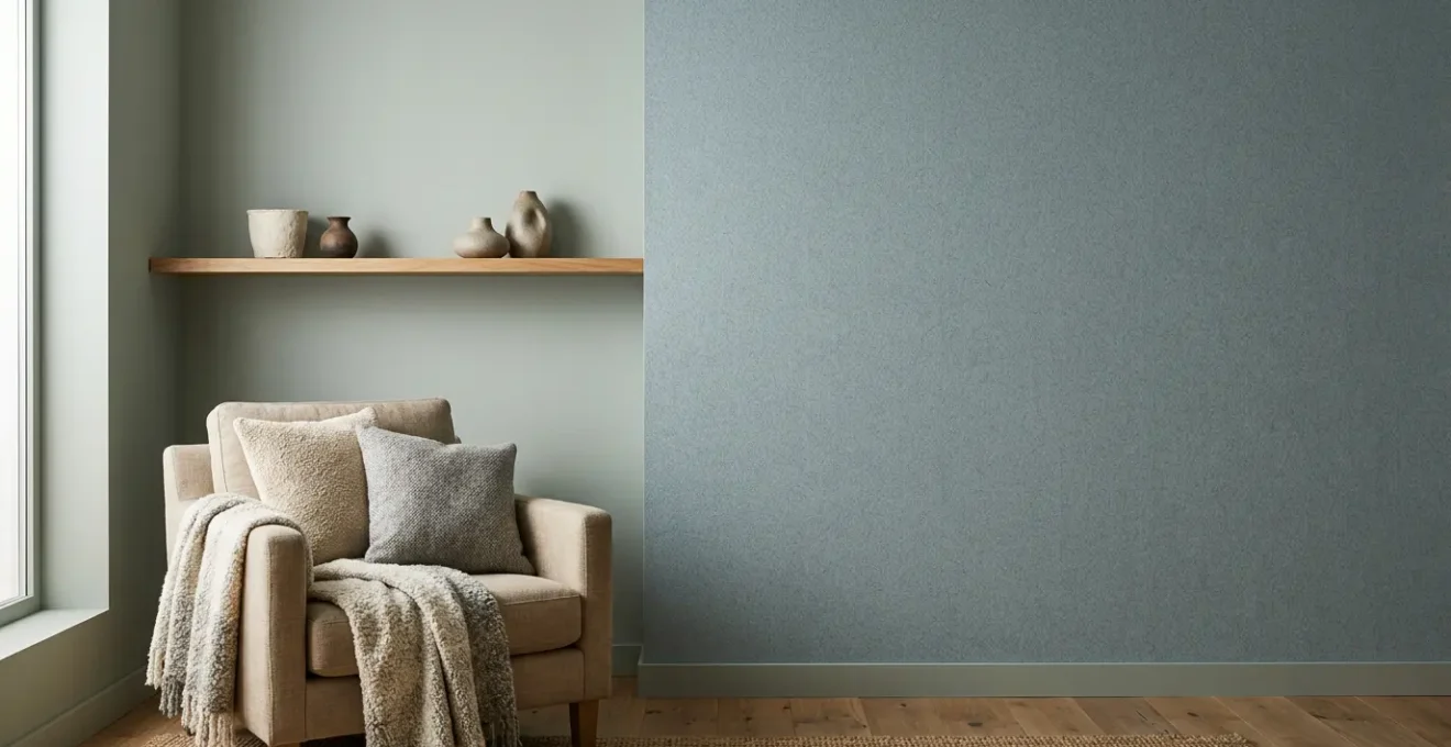 Serene living space featuring muted low-saturation color palette with layered soft textures and natural light