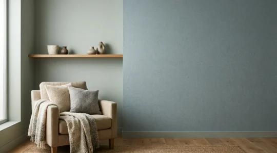 Serene living space featuring muted low-saturation color palette with layered soft textures and natural light