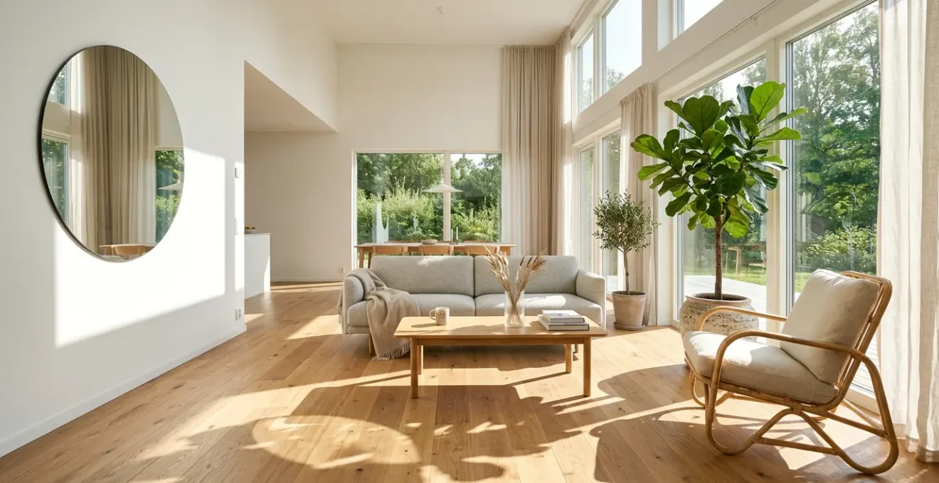 Bright sunlit modern living room with large windows showcasing natural light patterns