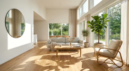 Bright sunlit modern living room with large windows showcasing natural light patterns