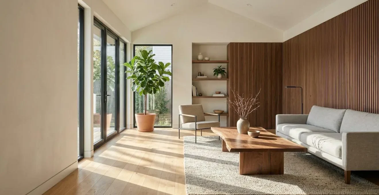 Elegant modern living room showcasing natural wood elements with warm oak flooring and walnut furniture accents