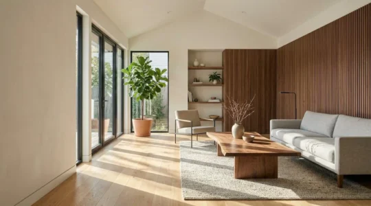 Elegant modern living room showcasing natural wood elements with warm oak flooring and walnut furniture accents