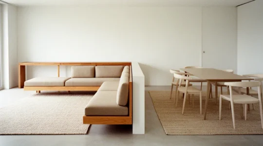 Open concept living space showing defined zones through strategic furniture placement and area rugs