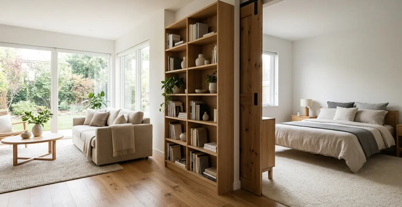 Modern home interior showing thoughtful separation between bedroom and living spaces with strategic furniture placement and architectural elements
