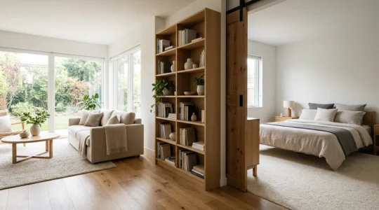 Modern home interior showing thoughtful separation between bedroom and living spaces with strategic furniture placement and architectural elements