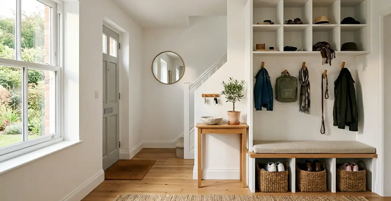 A bright, organized entryway featuring built-in storage solutions and a welcoming atmosphere for busy families