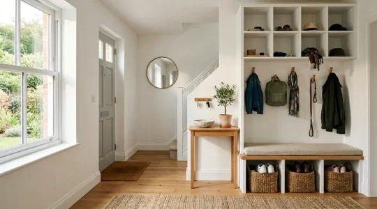 A bright, organized entryway featuring built-in storage solutions and a welcoming atmosphere for busy families