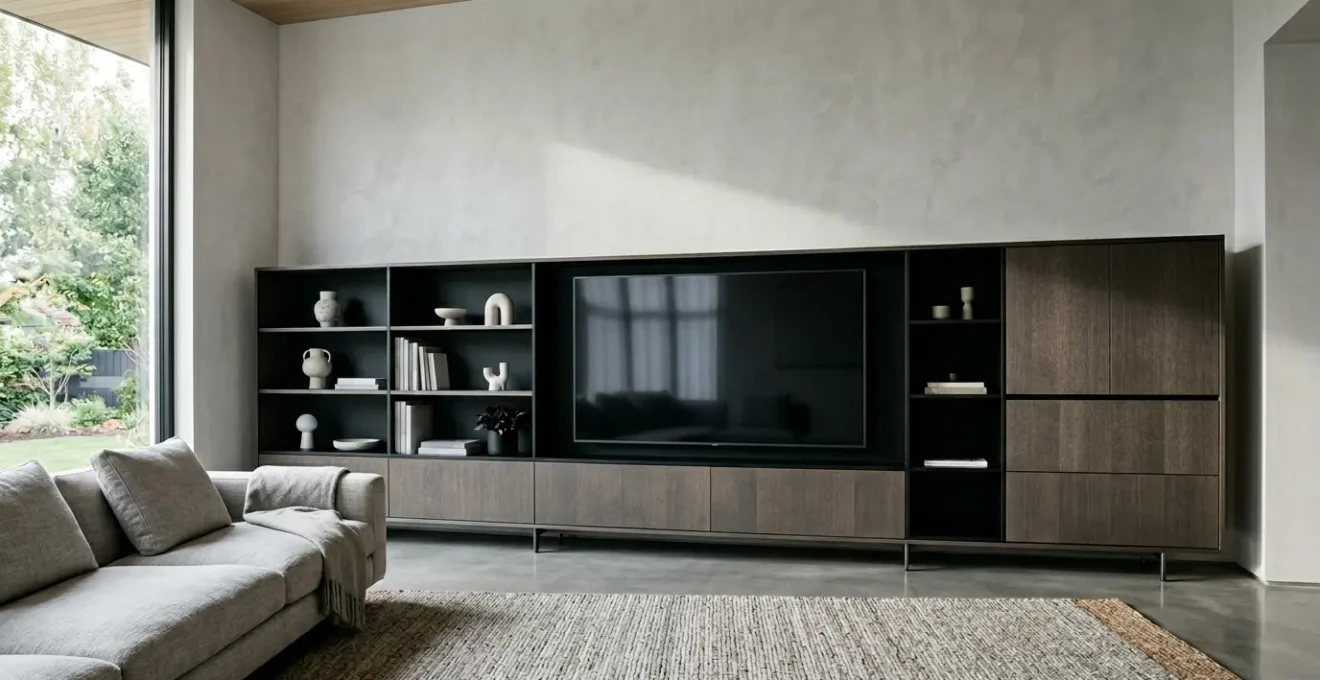 Spacious living room featuring a large entertainment center with organized cable management and balanced proportions