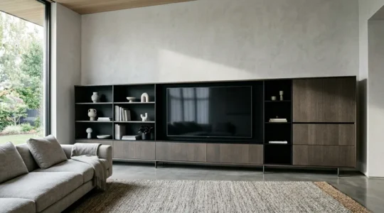 Spacious living room featuring a large entertainment center with organized cable management and balanced proportions