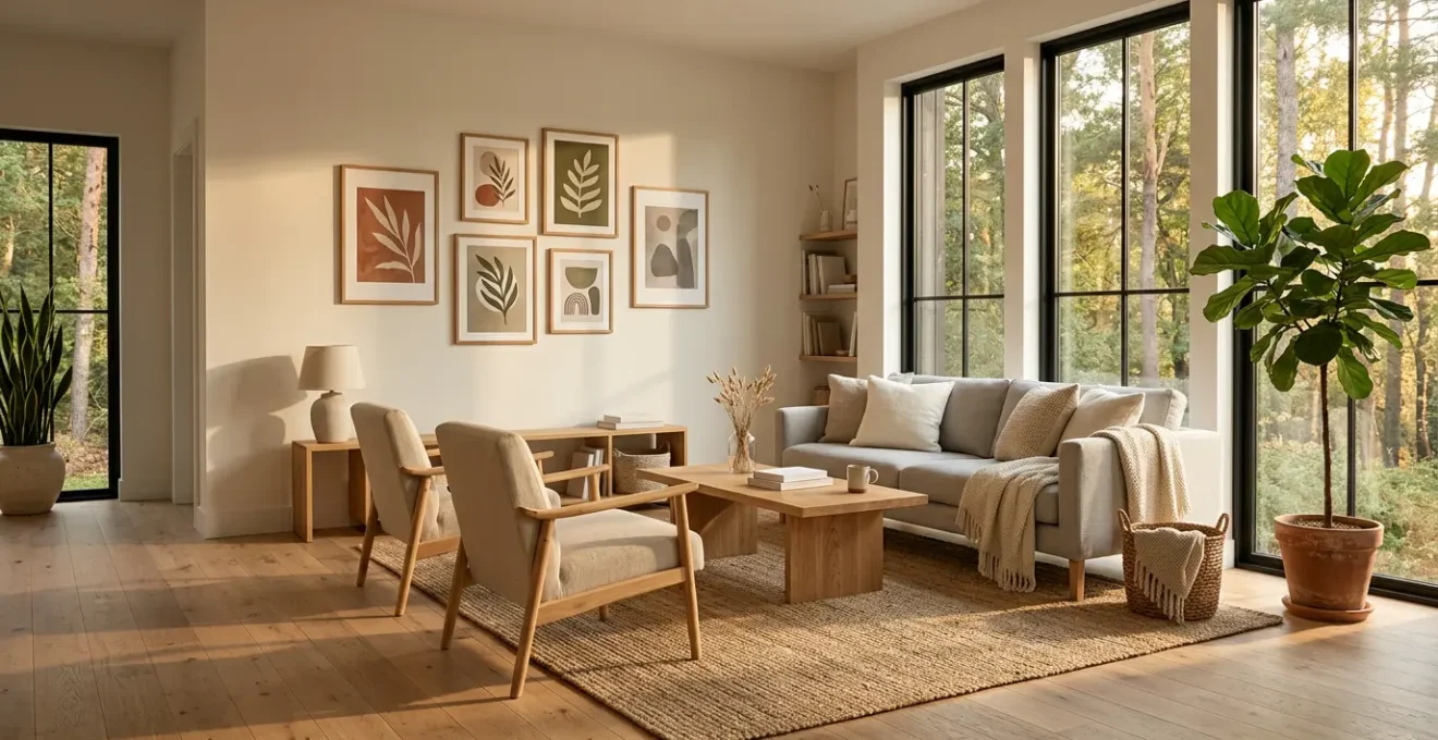 A serene living room designed for mental wellness with natural light and balanced organization