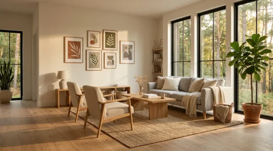 A serene living room designed for mental wellness with natural light and balanced organization