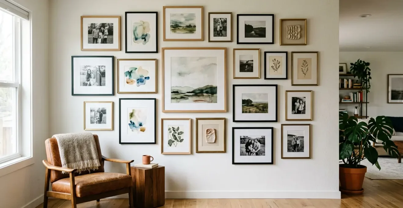 Living room corner featuring an eclectic gallery wall with mixed frame sizes and art styles arranged in salon configuration