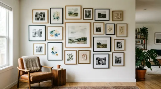 Living room corner featuring an eclectic gallery wall with mixed frame sizes and art styles arranged in salon configuration