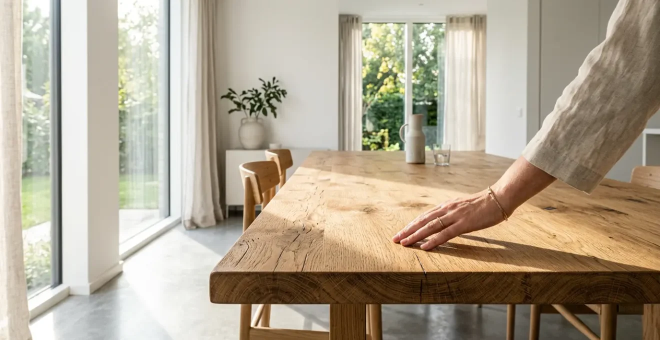 Premium solid oak dining table with visible natural grain patterns and dovetail joints