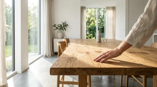 Premium solid oak dining table with visible natural grain patterns and dovetail joints