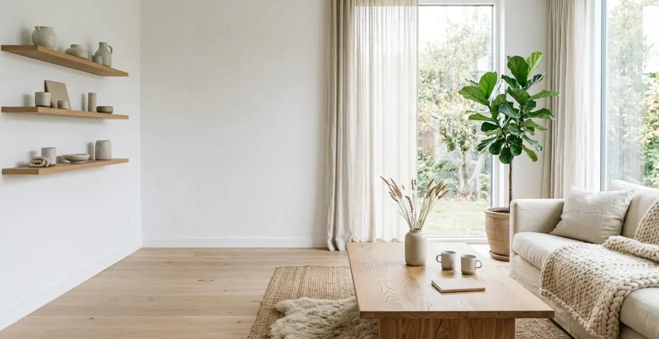 Cozy Scandinavian living room with layered natural textures and warm white walls