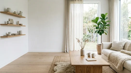 Cozy Scandinavian living room with layered natural textures and warm white walls