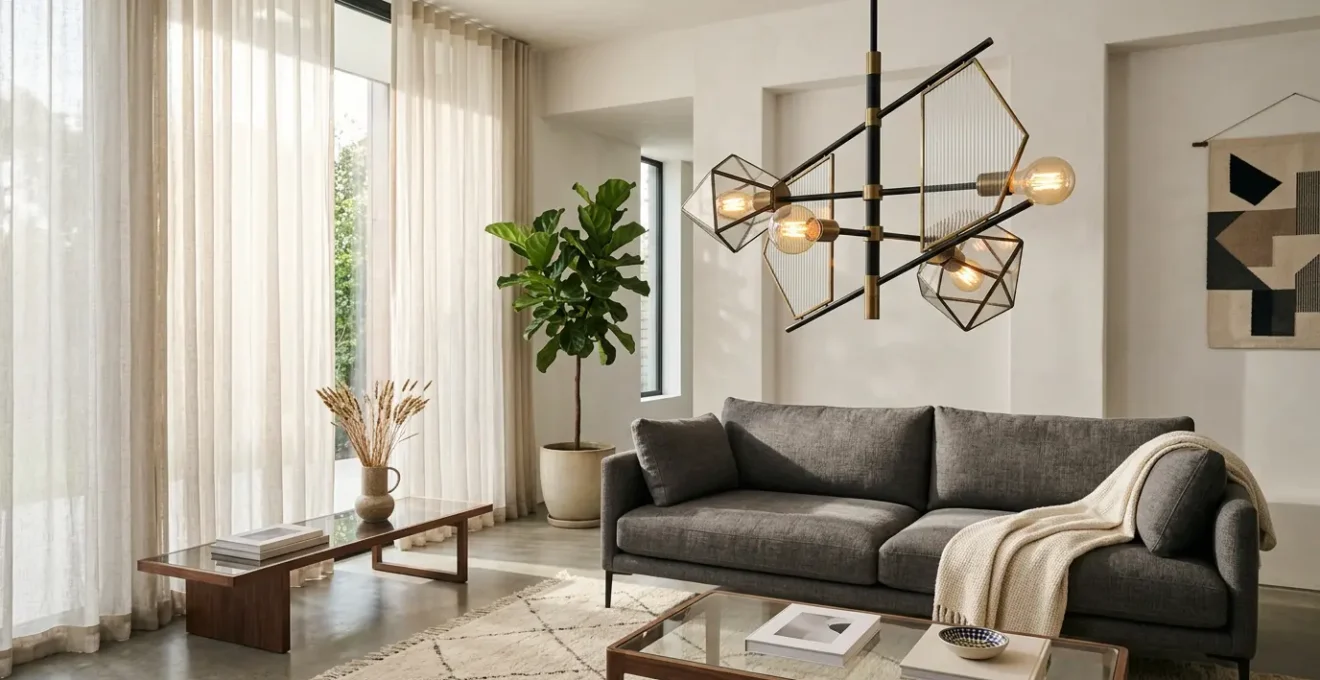 Modern sculptural chandelier casting dramatic shadows in an elegant living room