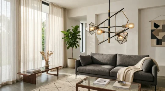 Modern sculptural chandelier casting dramatic shadows in an elegant living room