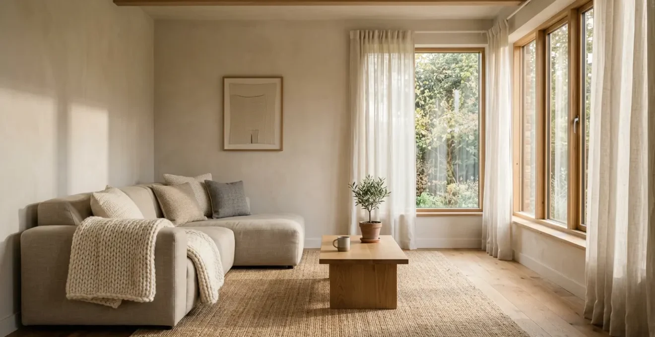 Cozy living room showcasing seasonal textile layers with warm throws and light curtains