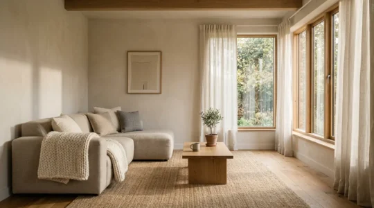 Cozy living room showcasing seasonal textile layers with warm throws and light curtains