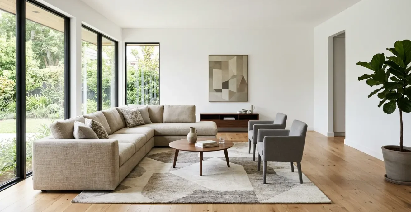 Modern sectional sofa positioned in spacious living room with optimal traffic flow and comfortable spacing