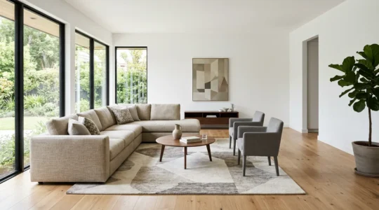 Modern sectional sofa positioned in spacious living room with optimal traffic flow and comfortable spacing