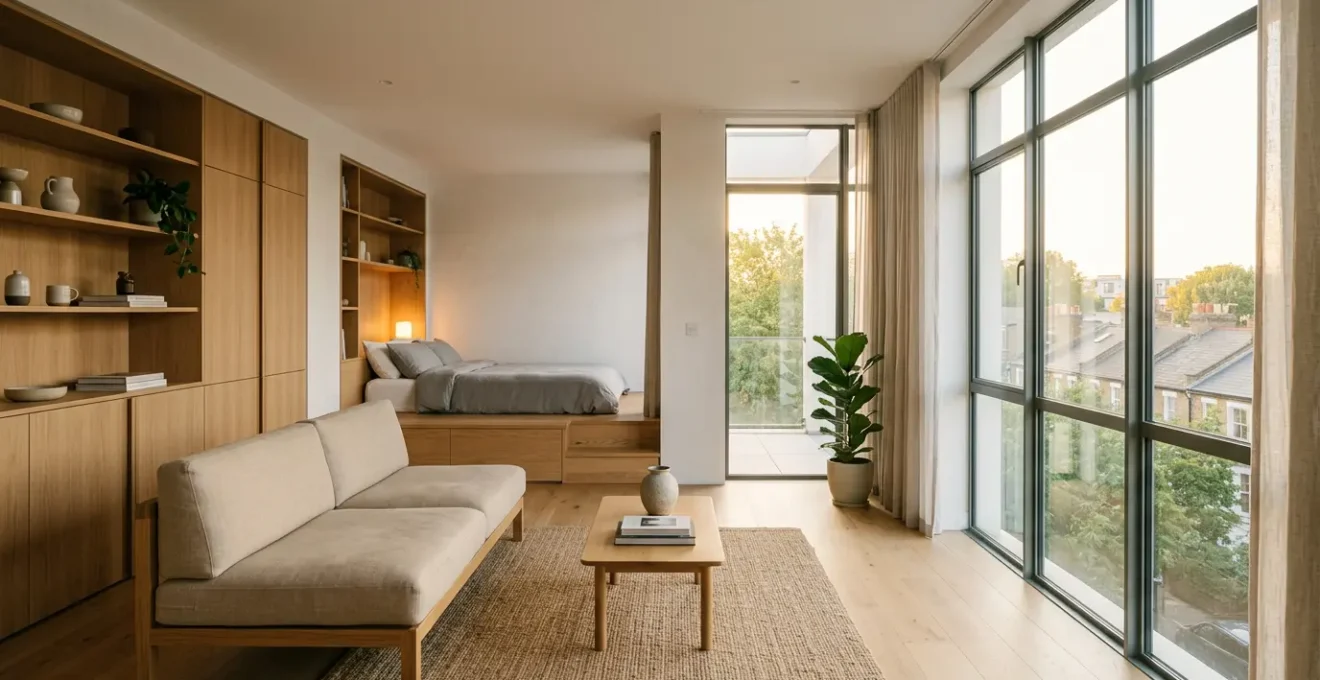 Efficiently designed studio apartment under 600 sq ft showcasing smart space utilization