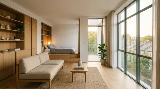 Efficiently designed studio apartment under 600 sq ft showcasing smart space utilization