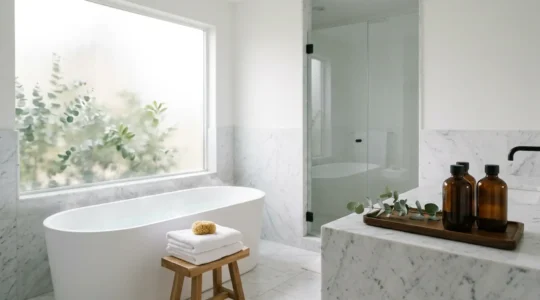 Luxurious spa-inspired bathroom with natural light, minimalist design and organic elements