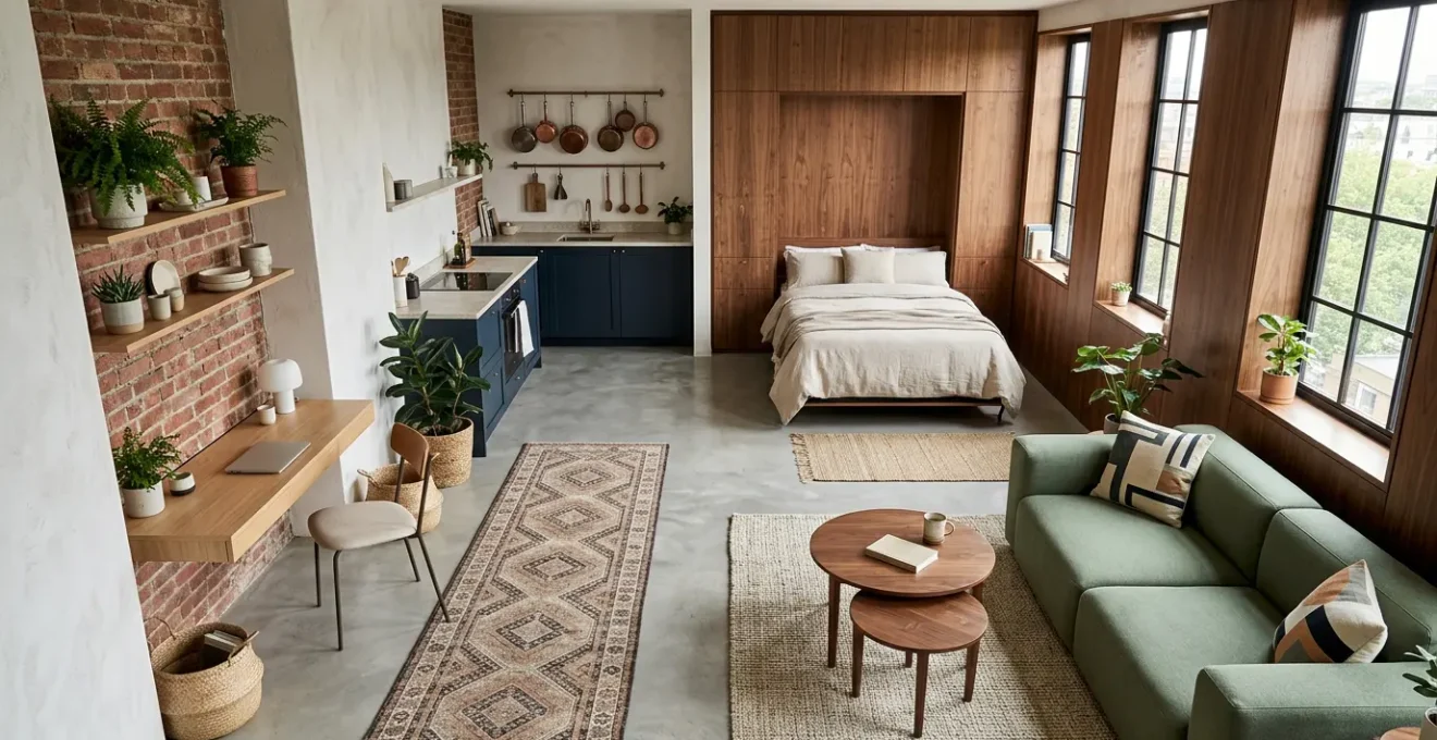 Aerial view of a cleverly designed studio apartment divided into four distinct living zones