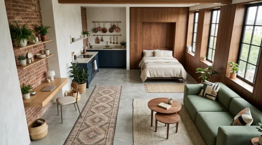 Aerial view of a cleverly designed studio apartment divided into four distinct living zones