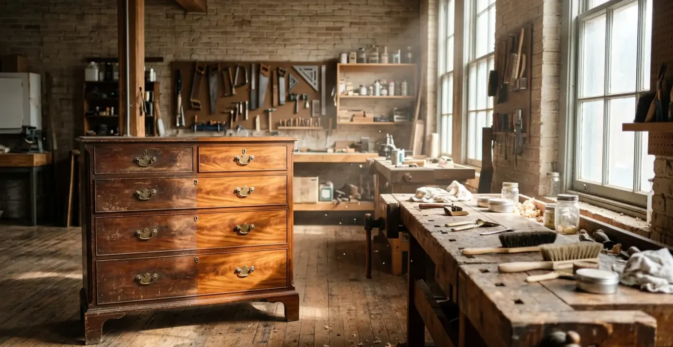 Vintage dresser being restored in a sunlit workshop with wood grain visible and brass hardware gleaming