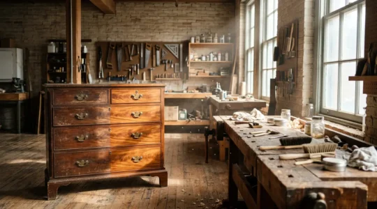 Vintage dresser being restored in a sunlit workshop with wood grain visible and brass hardware gleaming