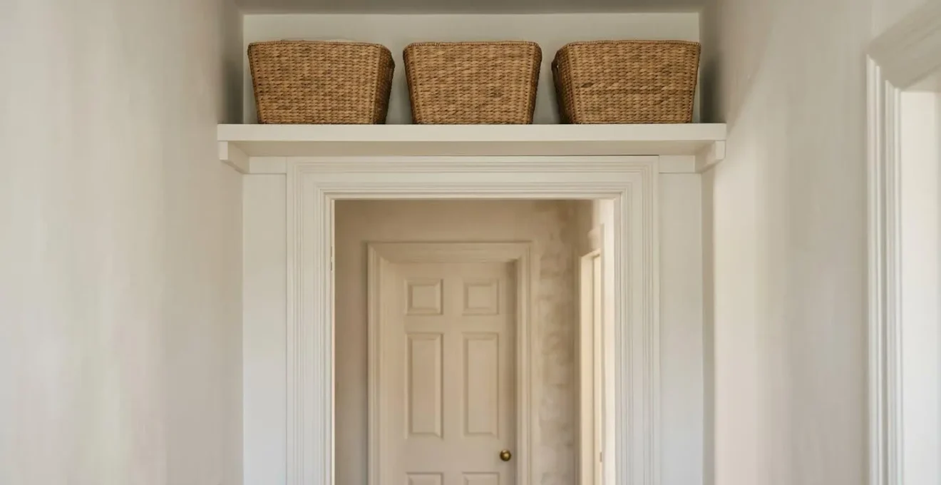 Above-door storage shelf seamlessly integrated into room architecture
