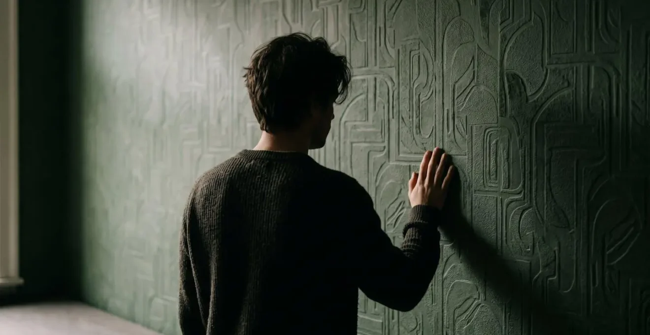 Small room interior showing strategic wallpaper placement creating visual depth