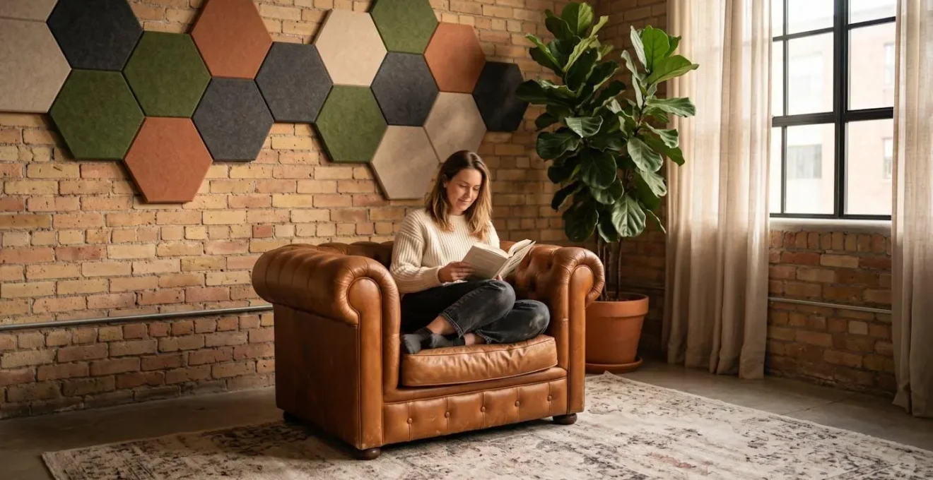 Industrial room with acoustic panels disguised as art and lush green plants for sound absorption